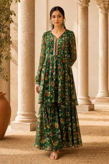Buy_Jhambthreads_Green Silk, Chiffon V-neck, Yes Floral Print Kurta Sharara Set _Online_at_Aza_Fashions