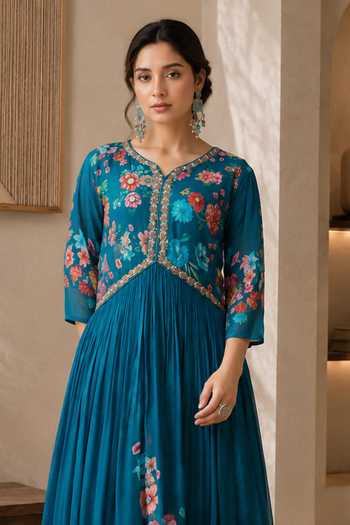 Jhambthreads_Blue Silk, Chiffon, Polyester V-neck Floral Print Anarkali And Dupatta Set _Online_at_Aza_Fashions