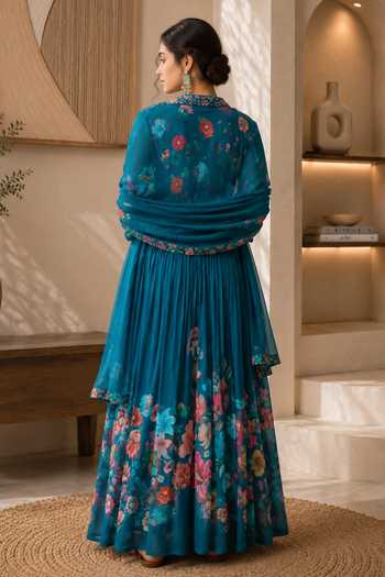 Shop_Jhambthreads_Blue Silk, Chiffon, Polyester V-neck Floral Print Anarkali And Dupatta Set _at_Aza_Fashions