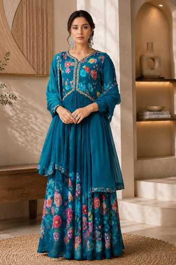 Buy_Jhambthreads_Blue Silk, Chiffon, Polyester V-neck Floral Print Anarkali And Dupatta Set _at_Aza_Fashions