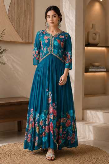 Buy_Jhambthreads_Blue Silk, Chiffon, Polyester V-neck Floral Print Anarkali And Dupatta Set _Online_at_Aza_Fashions