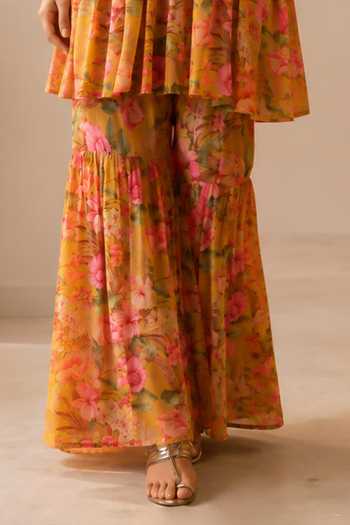 Jhambthreads_Yellow Silk, Chiffon, Polyester Round Neck, Yes Printed Kurta Set _Online_at_Aza_Fashions
