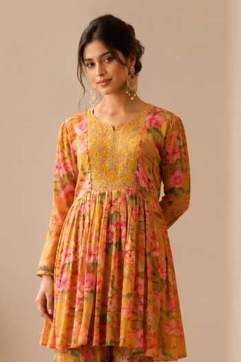 Buy_Jhambthreads_Yellow Silk, Chiffon, Polyester Round Neck, Yes Printed Kurta Set _Online_at_Aza_Fashions