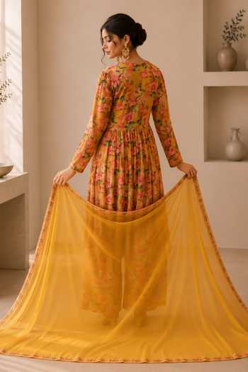 Shop_Jhambthreads_Yellow Silk, Chiffon, Polyester Round Neck, Yes Printed Kurta Set _at_Aza_Fashions