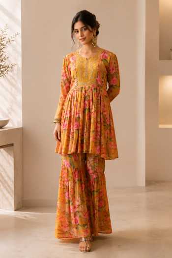 Shop_Jhambthreads_Yellow Silk, Chiffon, Polyester Round Neck, Yes Printed Kurta Set _Online_at_Aza_Fashions