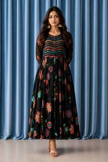 Jhambthreads_Black Silk, Chiffon, Polyester Round Floral Embroidered Anarkali With Dupatta _Online_at_Aza_Fashions