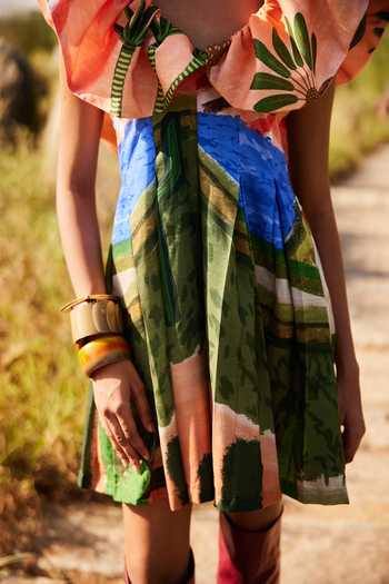 ZiP by Payal & Zinal_Multi Color Cotton, Linen V-neck Dessert Daisy Dance Puff Sleeve Dress _Online_at_Aza_Fashions