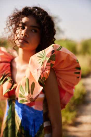 Buy_ZiP by Payal & Zinal_Multi Color Cotton, Linen V-neck Dessert Daisy Dance Puff Sleeve Dress _Online_at_Aza_Fashions