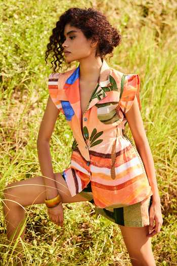 ZiP by Payal & Zinal_Multi Color Cotton, Linen Collared Neck Silly Safari Jacket With Shorts _Online_at_Aza_Fashions