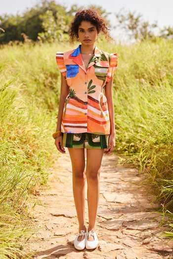 Buy_ZiP by Payal & Zinal_Multi Color Cotton, Linen Collared Neck Silly Safari Jacket With Shorts _Online_at_Aza_Fashions