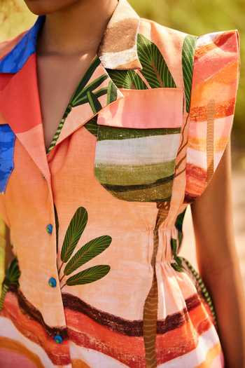 Shop_ZiP by Payal & Zinal_Multi Color Cotton, Linen Collared Neck Silly Safari Jacket With Shorts _Online_at_Aza_Fashions