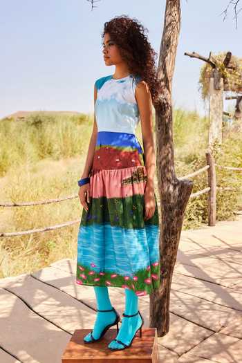 Buy_ZiP by Payal & Zinal_Multi Color Cotton, Linen Round Neck Fields Of Fancy Print Dress _Online_at_Aza_Fashions