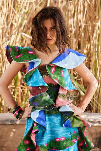 Buy_ZiP by Payal & Zinal_Multi Color Cotton, Linen Square Neck Sugar And Sky Dress _Online_at_Aza_Fashions