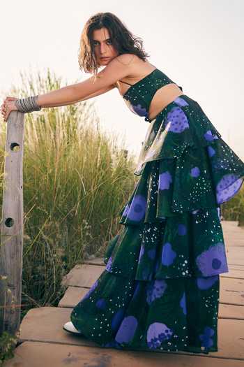 ZiP by Payal & Zinal_Green Georgette Halter Neck Pansy Fancy Floral Print Dress _Online_at_Aza_Fashions