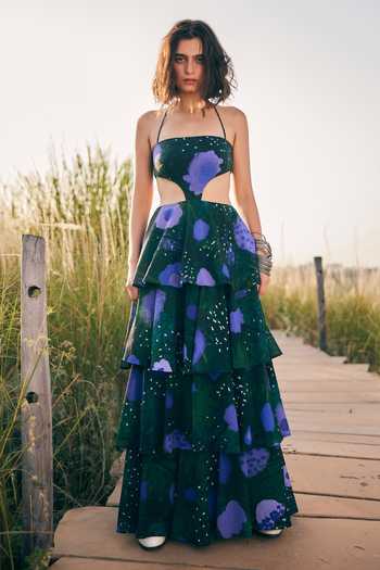 Buy_ZiP by Payal & Zinal_Green Georgette Halter Neck Pansy Fancy Floral Print Dress _at_Aza_Fashions