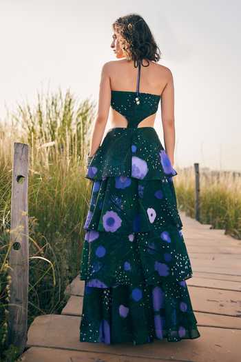 Shop_ZiP by Payal & Zinal_Green Georgette Halter Neck Pansy Fancy Floral Print Dress _at_Aza_Fashions