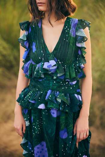 Buy_ZiP by Payal & Zinal_Green Georgette V-neck Daisy Dreams Dress _Online_at_Aza_Fashions