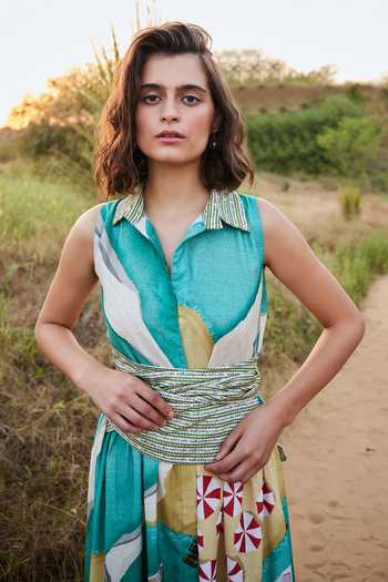 ZiP by Payal & Zinal_Green Cotton, Linen V-, Collared Mermaids Whisper Print Dress _Online_at_Aza_Fashions