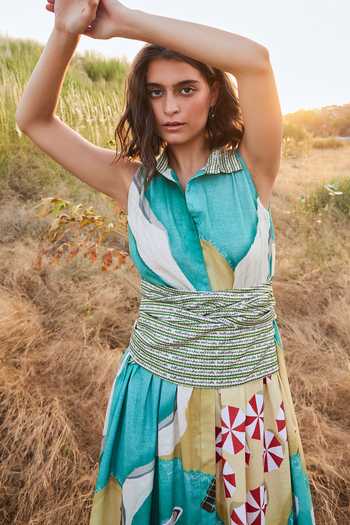 Buy_ZiP by Payal & Zinal_Green Cotton, Linen V-, Collared Mermaids Whisper Print Dress _Online_at_Aza_Fashions