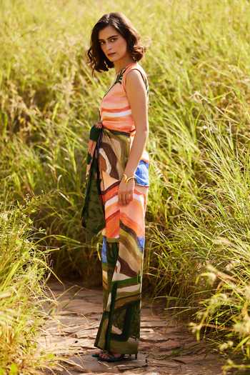 Shop_ZiP by Payal & Zinal_Multi Color Cotton, Linen Plunge Neck Sandy Sundays Print Top With Pant _Online_at_Aza_Fashions