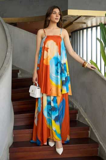 Buy_Poppi_Yellow Silk, Bemberg Square Neck Color Block Dress _at_Aza_Fashions