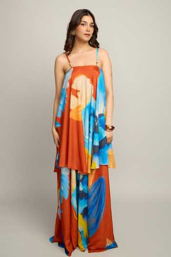 Poppi_Yellow Silk, Bemberg Square Neck Color Block Dress _Online_at_Aza_Fashions