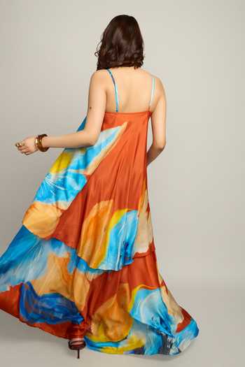 Shop_Poppi_Yellow Silk, Bemberg Square Neck Color Block Dress _at_Aza_Fashions