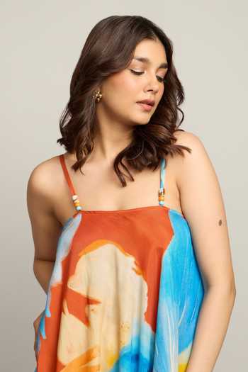Poppi_Yellow Silk, Bemberg Square Neck Color Block Dress _at_Aza_Fashions