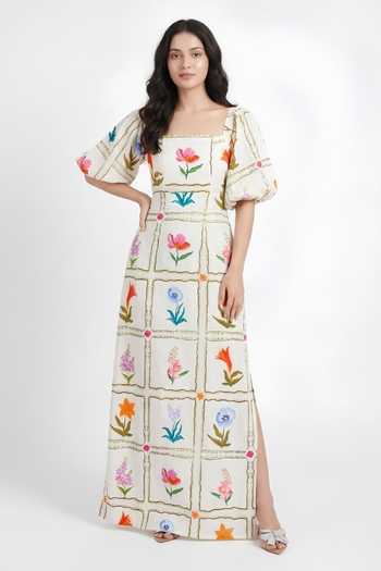 Poppi_Yellow Cotton Square Neck Floral Print Maxi Dress _Online_at_Aza_Fashions