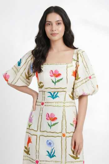 Buy_Poppi_Yellow Cotton Square Neck Floral Print Maxi Dress _Online_at_Aza_Fashions