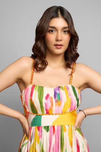 Buy_Poppi_Yellow Bemberg, Silk Bandeau Neck Abstract Print Maxi Dress 