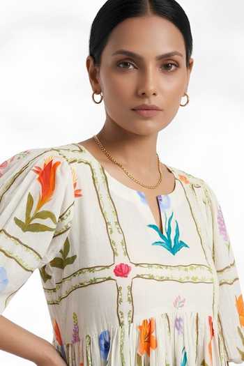 Shop_Poppi_Yellow Cotton Split V-neck Tiered Floral Print Dress _Online_at_Aza_Fashions