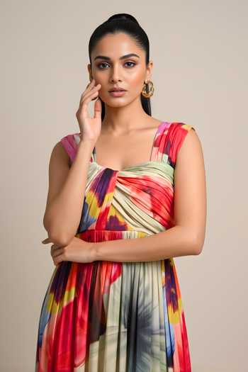 Poppi_Yellow Silk, Bemberg Square Neck Abstract Floral Print Dress _Online_at_Aza_Fashions