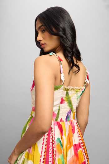 Poppi_Yellow Silk, Bemberg Square Neck Water Color Floral Print Dress _Online_at_Aza_Fashions