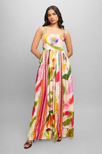 Buy_Poppi_Yellow Silk, Bemberg Square Neck Water Color Floral Print Dress _Online_at_Aza_Fashions