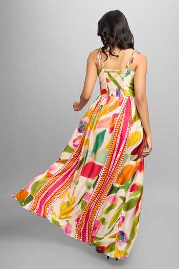Shop_Poppi_Yellow Silk, Bemberg Square Neck Water Color Floral Print Dress _at_Aza_Fashions