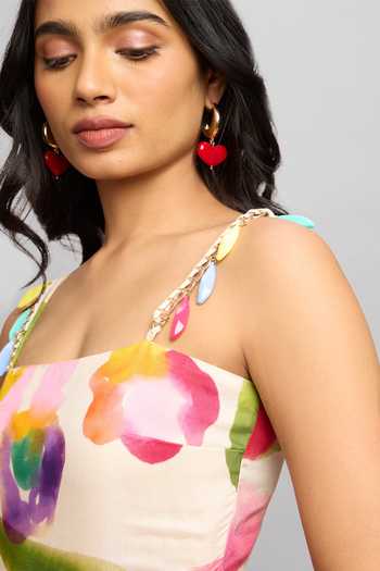 Poppi_Yellow Silk, Bemberg Square Neck Water Color Floral Print Dress _at_Aza_Fashions