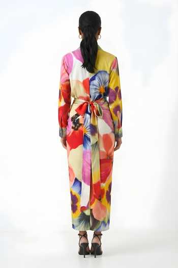 Shop_Poppi_Yellow Silk, Bemberg Collared Neck Floral Print Shirt And Skirt Set _at_Aza_Fashions