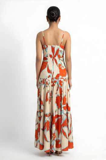 Shop_Poppi_Orange Silk, Bemberg Sweetheart Neck Floral Print Twisted Bodice Dress _at_Aza_Fashions