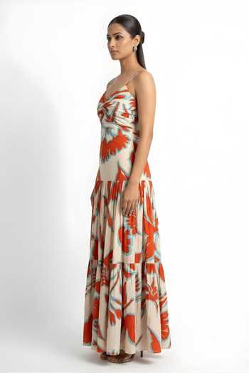 Poppi_Orange Silk, Bemberg Sweetheart Neck Floral Print Twisted Bodice Dress _Online_at_Aza_Fashions