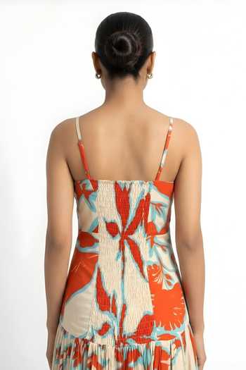 Buy_Poppi_Orange Silk, Bemberg Sweetheart Neck Floral Print Twisted Bodice Dress _Online_at_Aza_Fashions