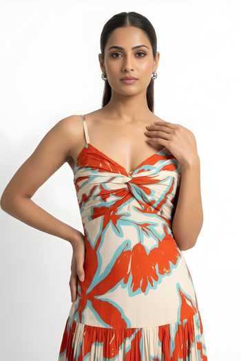 Shop_Poppi_Orange Silk, Bemberg Sweetheart Neck Floral Print Twisted Bodice Dress _Online_at_Aza_Fashions