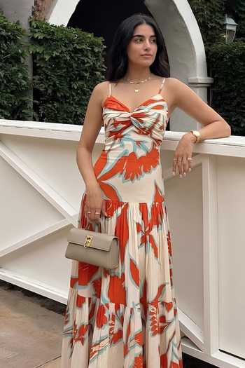Poppi_Orange Silk, Bemberg Sweetheart Neck Floral Print Twisted Bodice Dress _at_Aza_Fashions