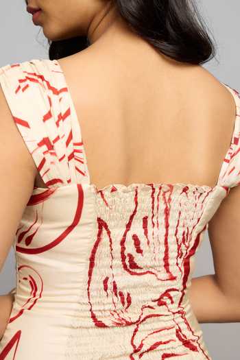 Shop_Poppi_Yellow Silk, Bemberg Square Neck Abstract Print Dress _Online_at_Aza_Fashions