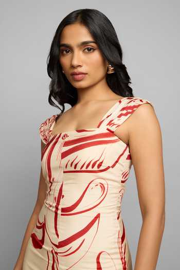 Poppi_Yellow Silk, Bemberg Square Neck Abstract Print Dress _at_Aza_Fashions