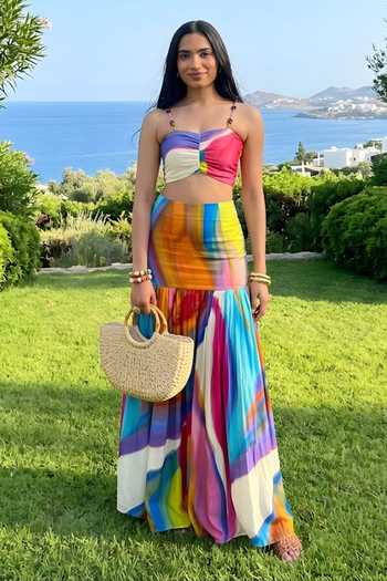 Buy_Poppi_Multi Color Bemberg, Silk Sweetheart Neck Abstract Print Top With Skirt _at_Aza_Fashions