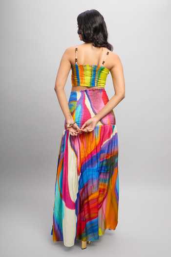 Shop_Poppi_Multi Color Bemberg, Silk Sweetheart Neck Abstract Print Top With Skirt _at_Aza_Fashions