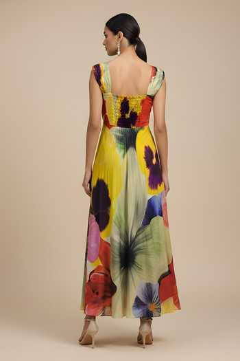 Shop_Poppi_Yellow Silk, Bemberg Square Neck Floral Bloom Print Dress _at_Aza_Fashions