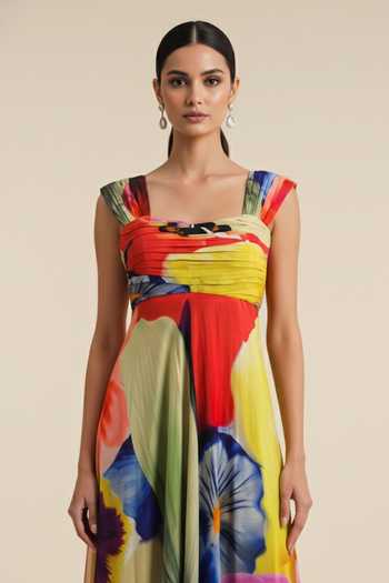 Shop_Poppi_Yellow Silk, Bemberg Square Neck Floral Bloom Print Dress _Online_at_Aza_Fashions