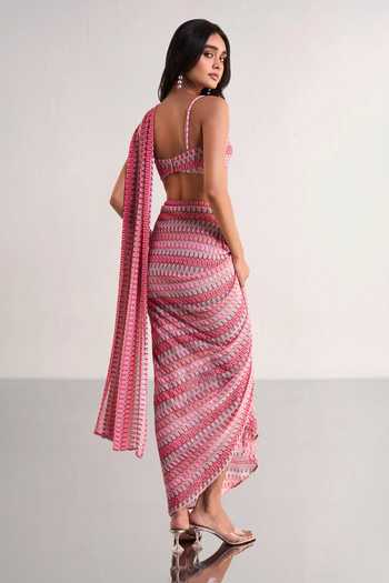 Dash And Dot_Multi Color Polyester Lace Crochet Knit Draped Saree And Bralette Set _Online_at_Aza_Fashions